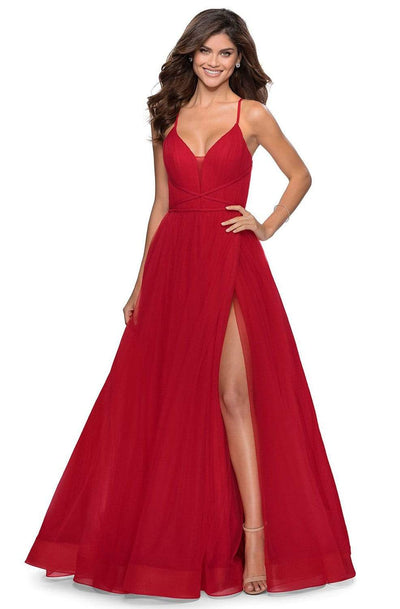 La Femme - 28893 Crisscross Strapped Bodice High Slit Tulle Dress Prom Dresses 00 / Red