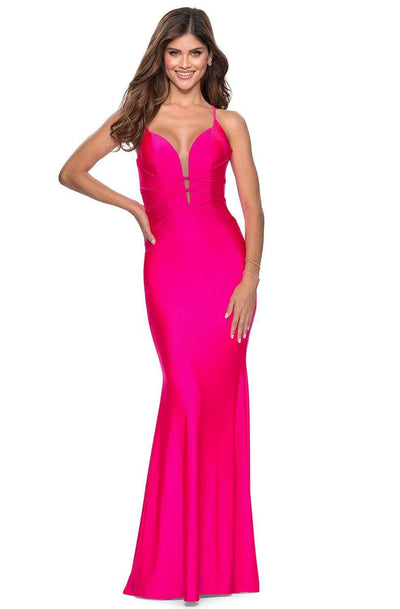 La Femme - 28905 Deep V-neck Strappy Back Sheath Dress Prom Dresses 00 / Neon Pink