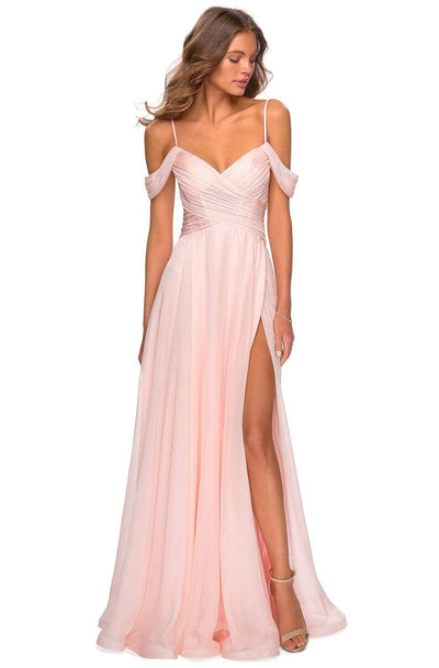 La Femme - 28942 Crisscross Surplice Cold Shoulder Gown Prom Dresses 00 / Blush