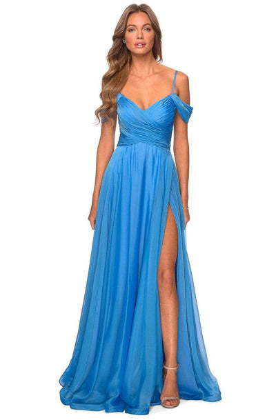 La Femme - 28942 Crisscross Surplice Cold Shoulder Gown Prom Dresses 00 / Cloud Blue