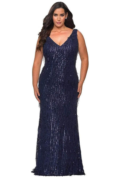 La Femme - 28946SC Sequined Deep V-neck Long Gown - 1 pc Navy in Size 14W Available CCSALE 14W / Navy
