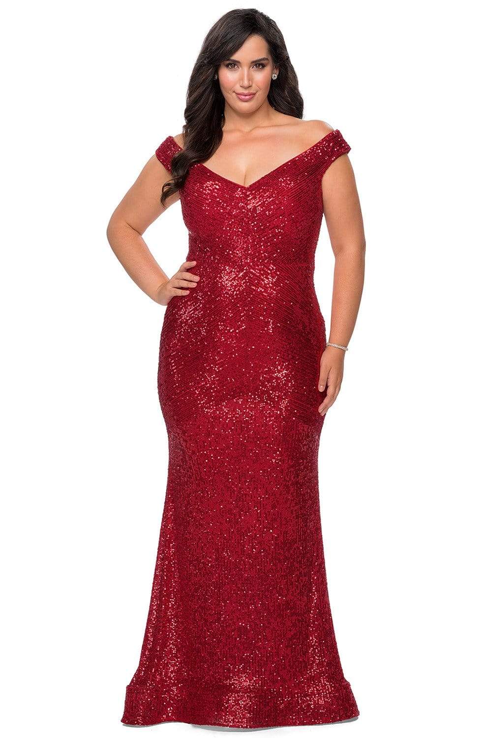 La Femme - 28949 Sequined Off-Shoulder Sheath Gown Evening Dresses 12W / Red