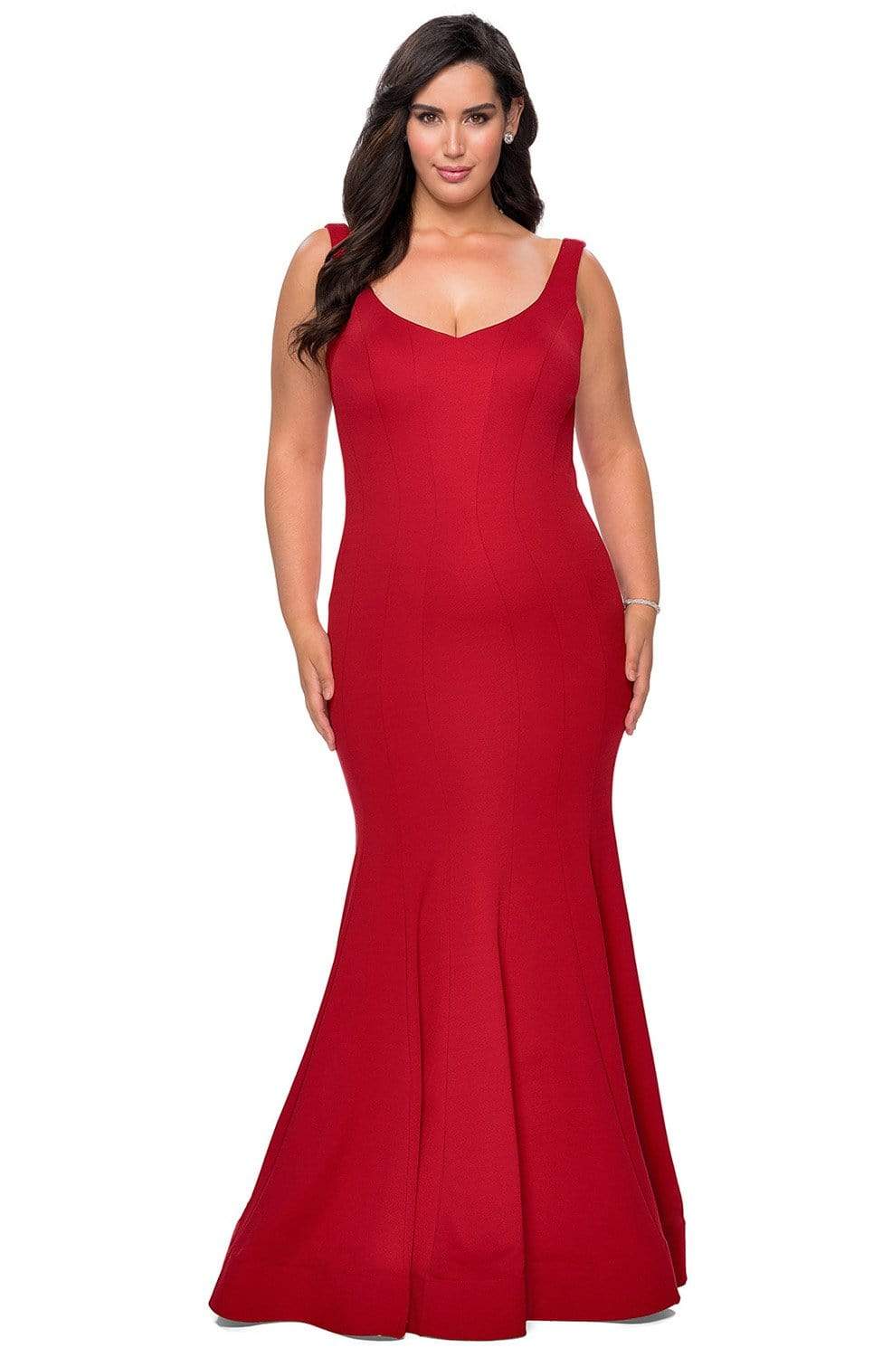 La Femme - 28975 V-Neck Jersey Mermaid Dress Evening Dresses 12W / Red