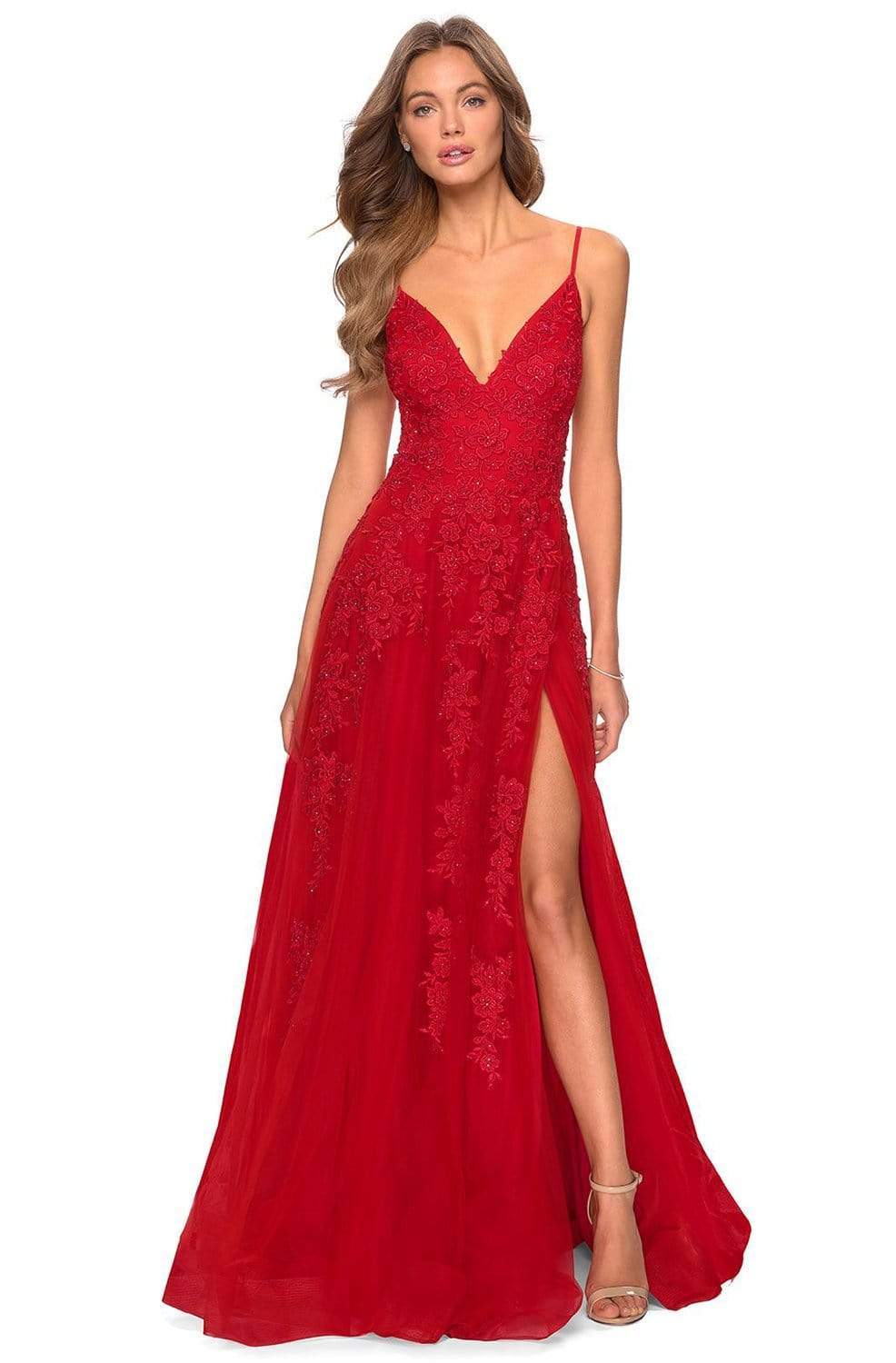 La Femme - 28985 Floral Lace Embroidered Deep V-neck A-line Gown Prom Dresses 00 / Red