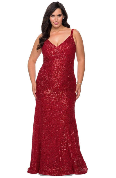 La Femme - 29006 Sequined V-neck Trumpet Dress Evening Dresses 12W / Red