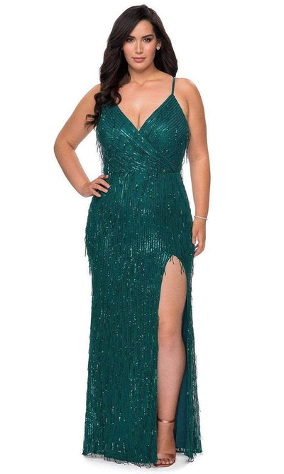 La Femme - 29013 Sequined Plunging V-neck Sheath Dress Evening Dresses 12W / Emerald