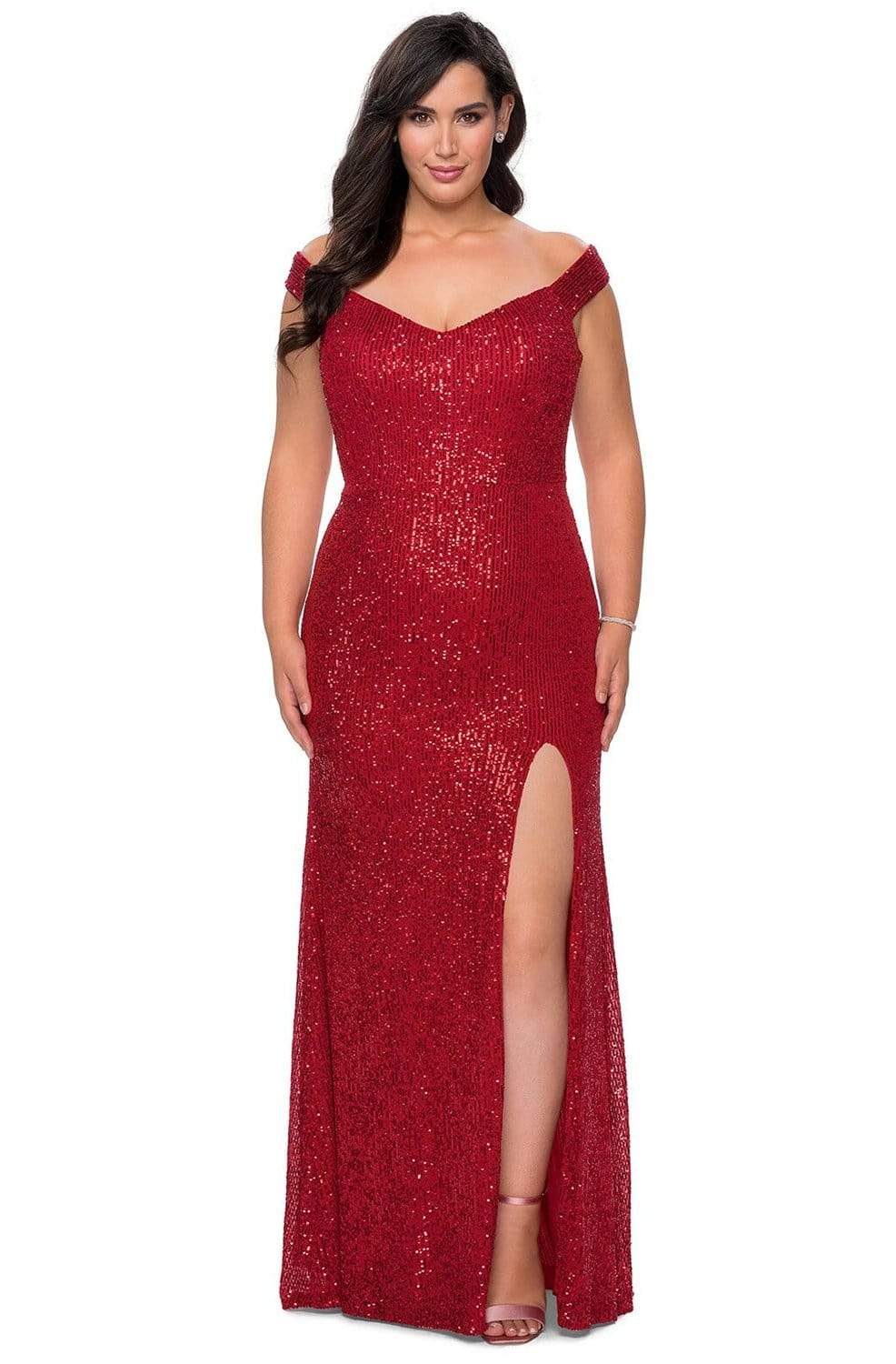 La Femme - 29023 Sequined High Slit Sheath Evening Gown Evening Dresses 12W / Red