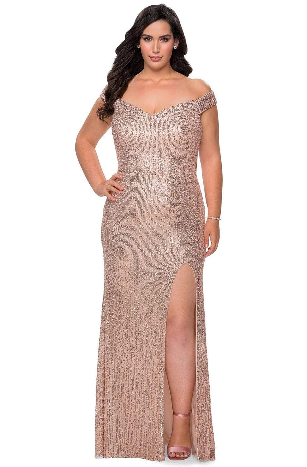 La Femme - 29023 Sequined High Slit Sheath Evening Gown Evening Dresses 12W / Rose Gold
