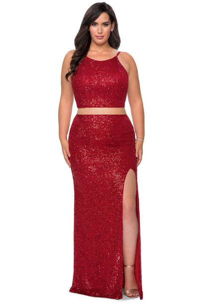 La Femme - 29026 Two-Piece Sequined High Slit Sheath Gown Evening Dresses 12W / Red
