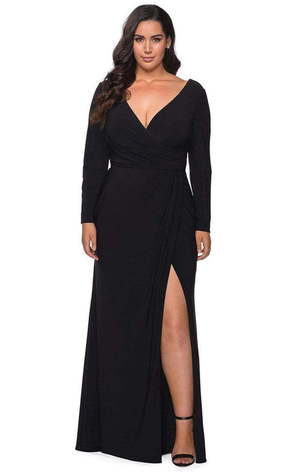 La Femme - V-Neck Faux Wrap High Slit Gown 29044SC In Black