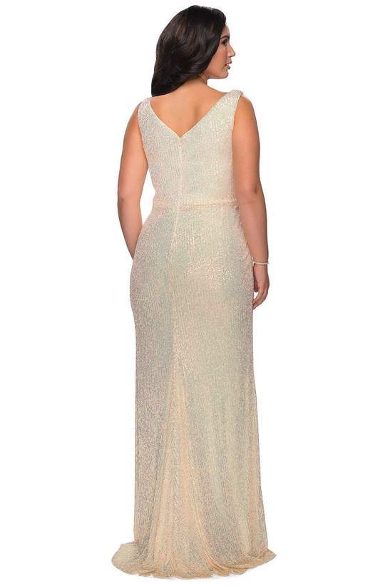 La Femme - 29046SC Plunging V-Neck Sequined Gown With High Slit - 1 pc Silver In Size 18W Available CCSALE 18W / Silver