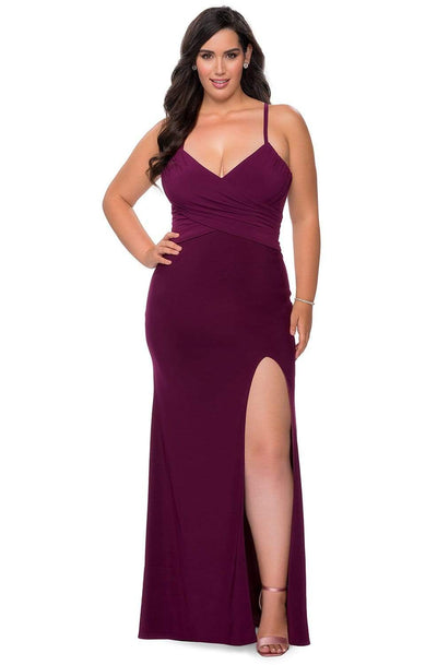 La Femme - 29055 Strappy V-Neck Dress with Slit Evening Dresses 12W / Dark Berry