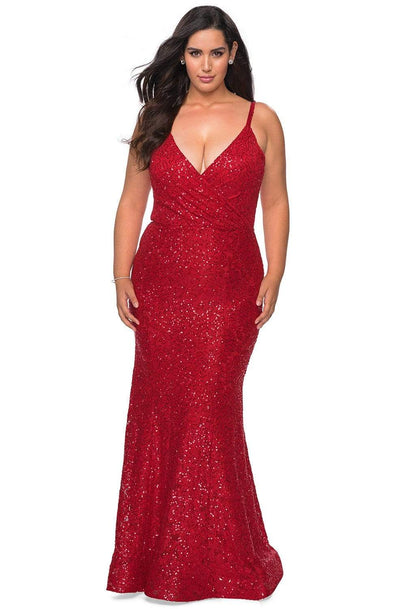 La Femme - 29063 Embellished Plunging V-neck Trumpet Dress Evening Dresses 12W / Red