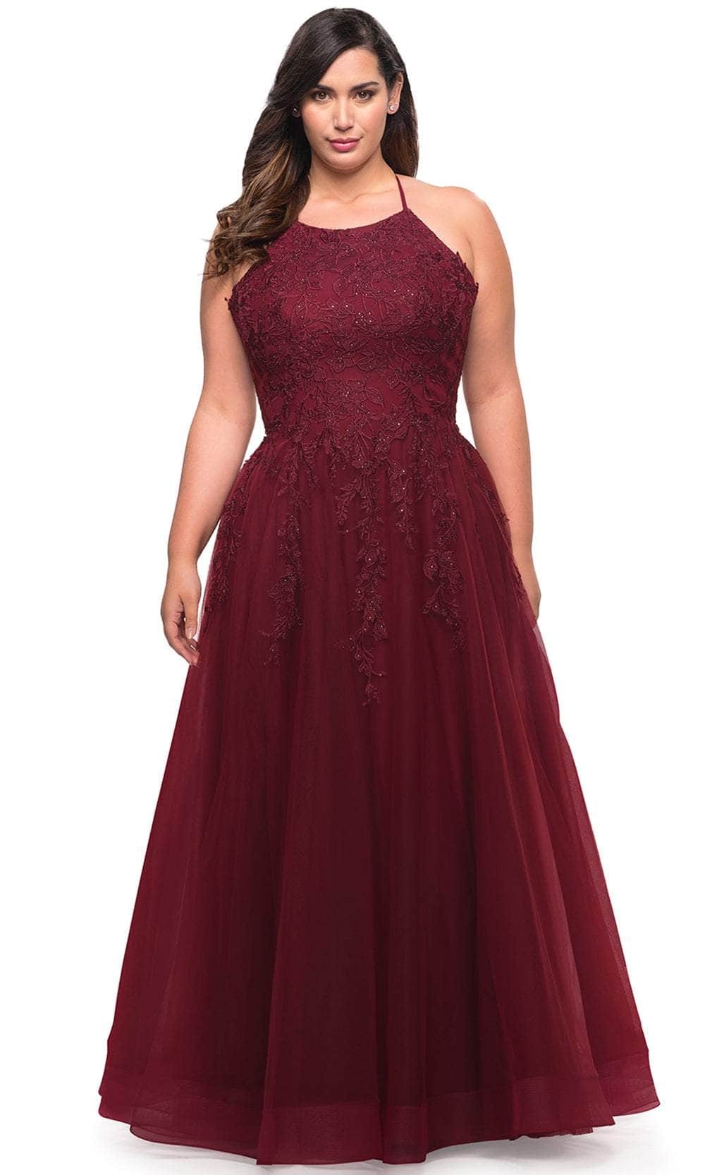 La Femme 29071 - Halter Beaded Ballgown Special Occasion Dress 12W / Wine