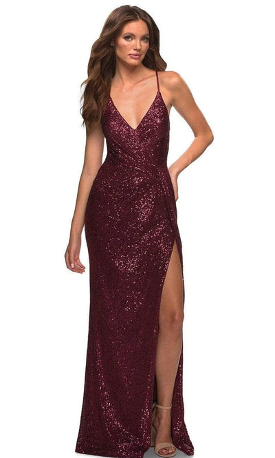 La Femme - 29438 Spaghetti Strap Wrap Sequin Gown Prom Dresses 00 / Burgundy