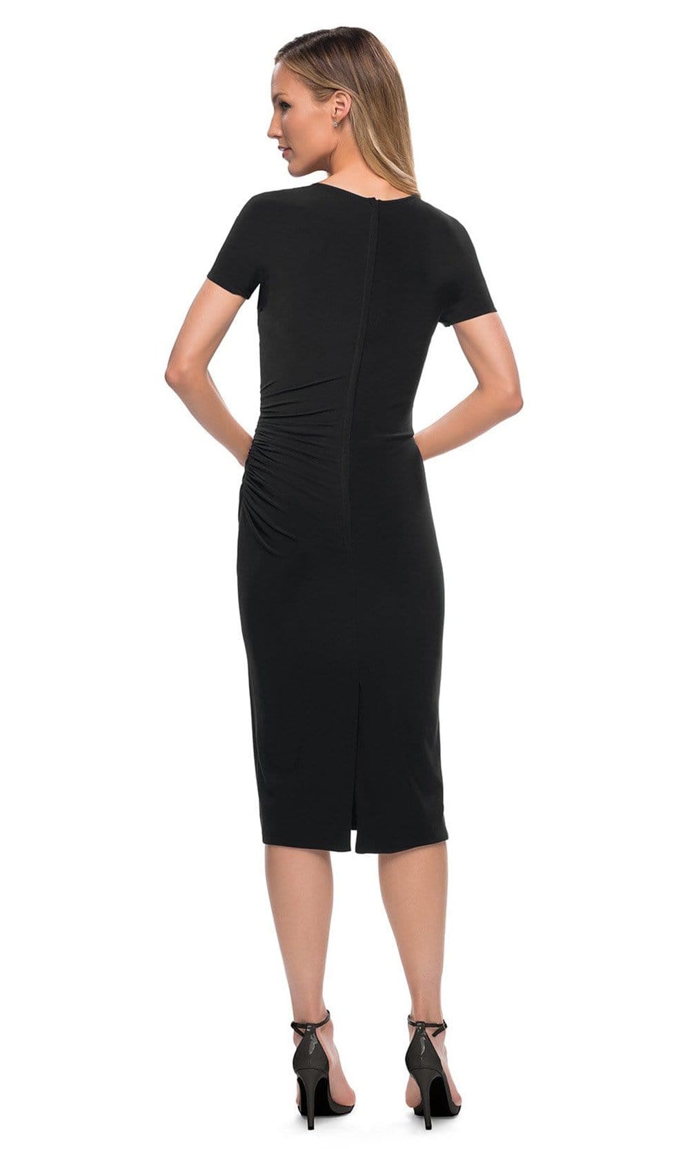 La Femme - 29510SC V Neck Short Sleeve Ruched Midi Dress In Black