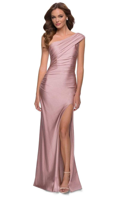 La Femme - 29619SC Asymmetric Neck Ruched Sheath Dress With Slit In Pink