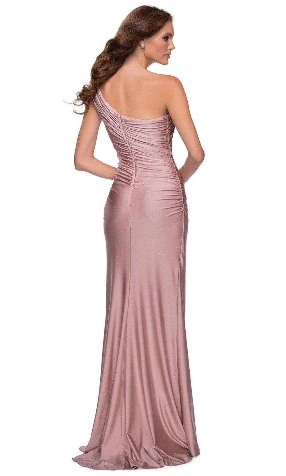 La Femme - 29619SC Asymmetric Neck Ruched Sheath Dress With Slit In Pink