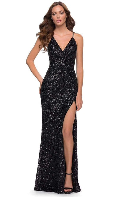 La Femme - Fitted Sleeveless Slit Sheath Evening Dress 29642SC In Black