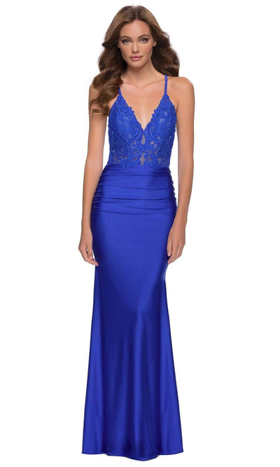 La Femme - 29688 Jersey Lace Plunging V Neck Dress Special Occasion Dress 00 / Royal Blue