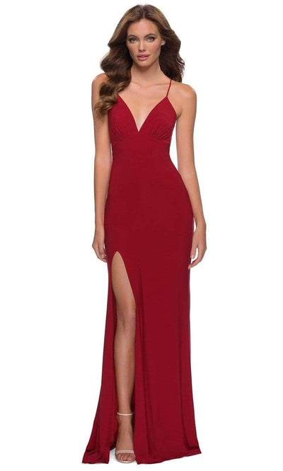 La Femme - 29708 Lace Up Back High Slit Jersey Dress Evening Dresses 00 / Red
