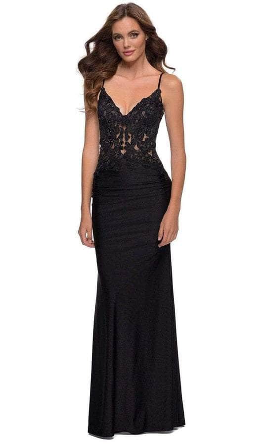 La Femme - 29774 Sheer Lace Plunging V Neckline Long Dress - 1 pc Black In Size 2 Available CCSALE 2 / Black