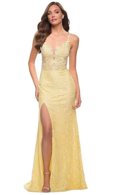 La Femme - 29842 Plunging Jeweled Lace High Slit Dress Prom Dresses 00 / Pale Yellow