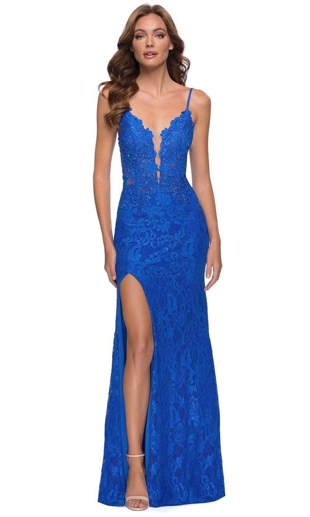 La Femme - 29842 Plunging Jeweled Lace High Slit Dress Prom Dresses 00 / Royal Blue