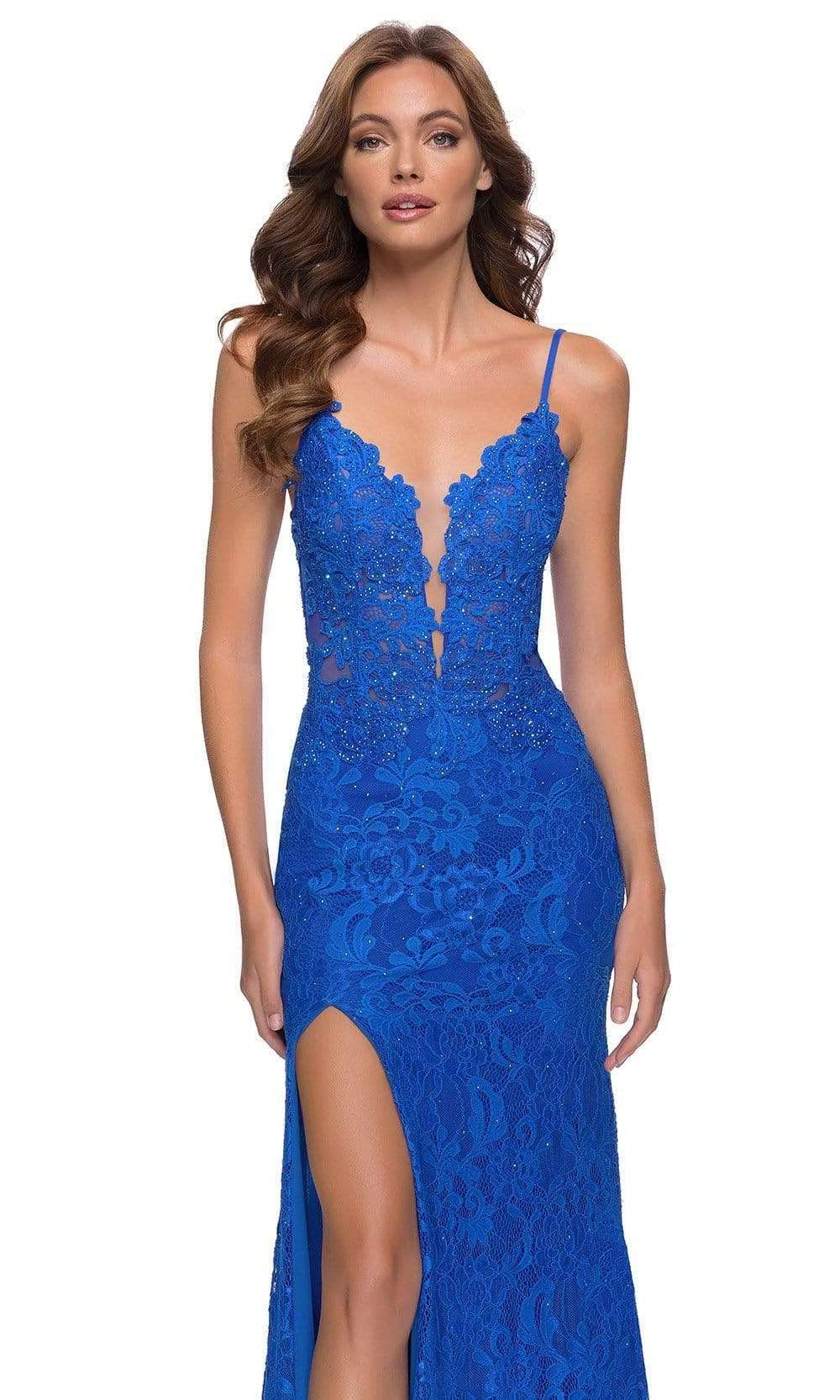 La Femme - 29842 Plunging Jeweled Lace High Slit Dress Special Occasion Dress