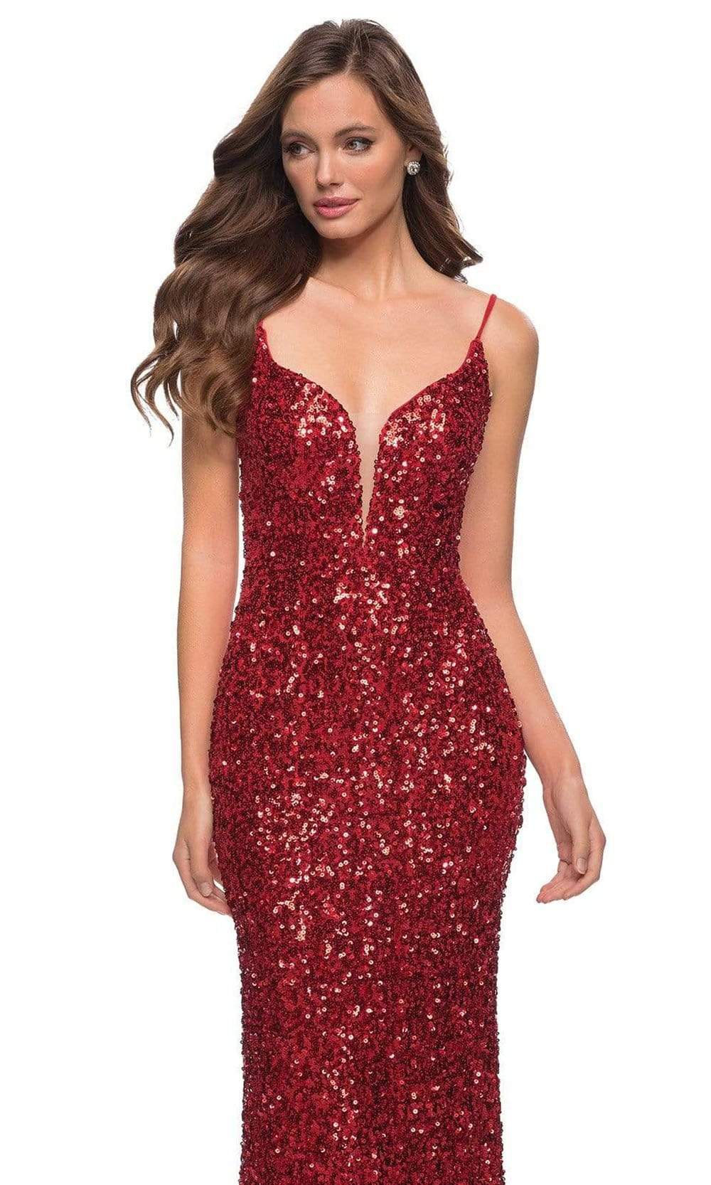 La Femme - 29872SC Sleeveless Sequin Appliqued Evening Gown In Red