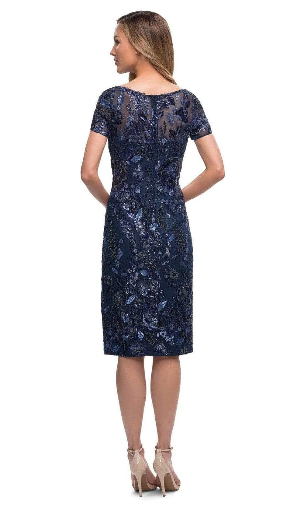 La Femme - Short Sleeve Floral Sequined Dress 29959SC In Blue