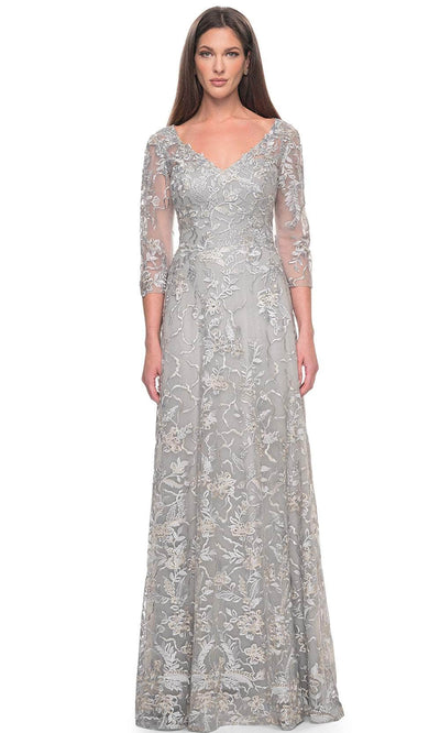 La Femme 30031 - Floral V-Neck Formal Dress Mother of the Bride Dresses 2 / Silver