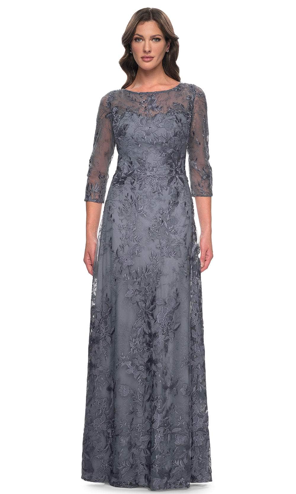 La Femme 30060 - Floral Bateau Formal Dress Evening Dresses 4 / Slate