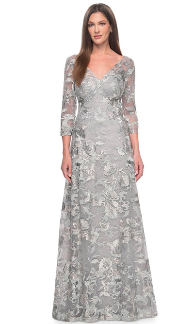 La Femme 30062 - V-Neck Quarter Sleeve Gown Mother of the Bride Dresses 4 / Silver /Slate