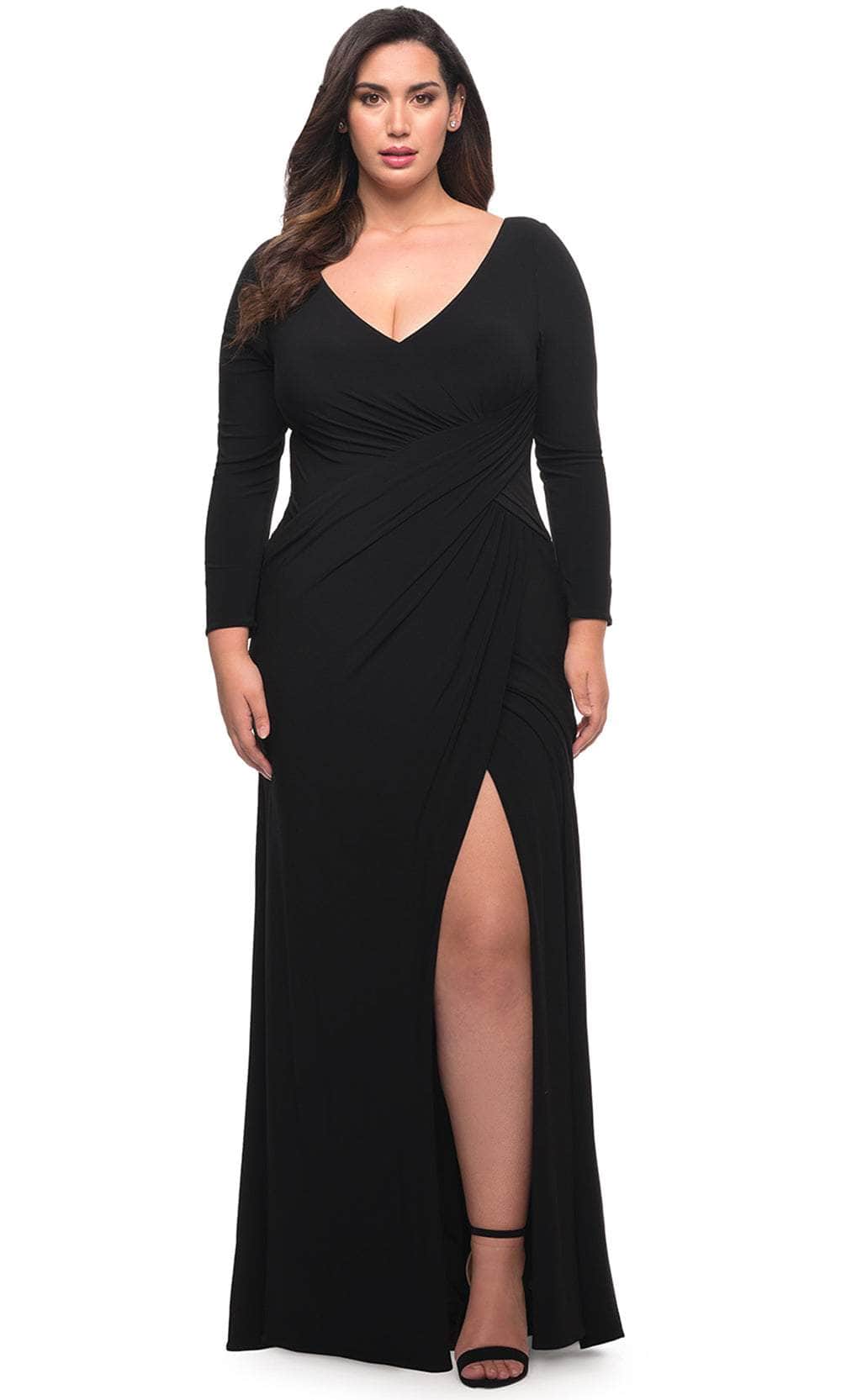 La Femme 30071 - Long sleeve Ruched Long Dress Special Occasion Dress 12W / Black