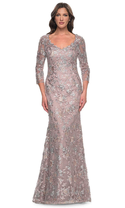 La Femme 30081 - V-Neck Floral Embroidered Dress Prom Dresses 4 / Mauve