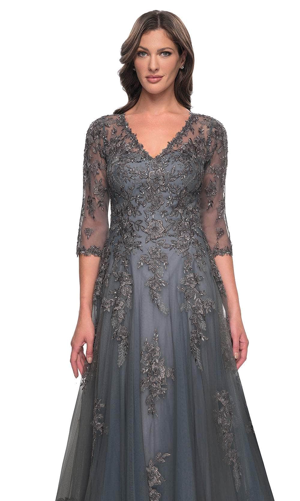 La Femme 30201 - Long Lace A Line Dress - Sheer Quarter Sleeves, Embroidered, Full Back, Center Zipper Closure, Train 10 / Gray La Femme 30201 - Long Lace A Line Dress - Sheer Quarter Sleeves, Embroidered, Full Back, Center Zipper Closure, Train 10 / Gray
