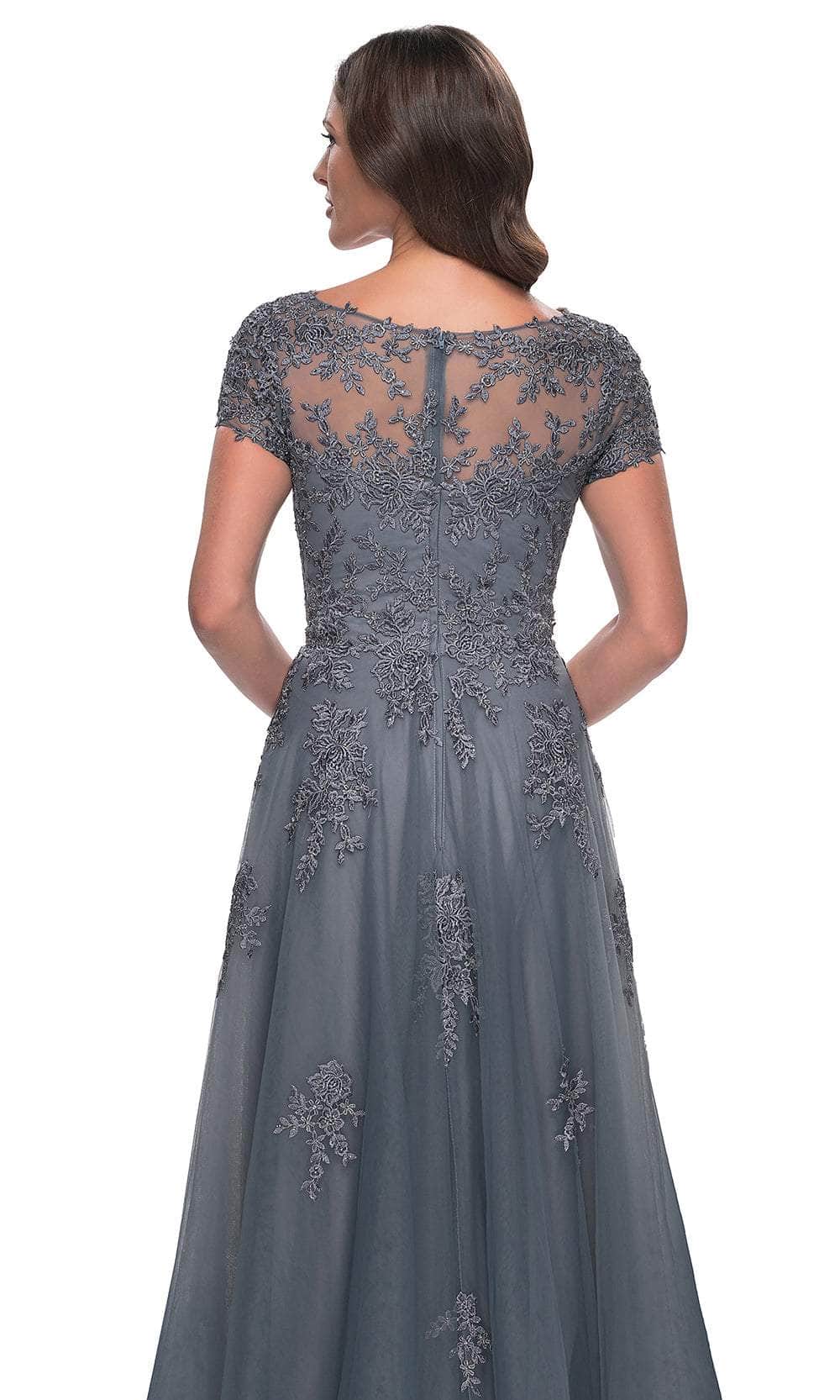 La Femme 30228 - Long Lace A Line Dress - Fitted, Floral Embroidery, Illusion Short Sleeves, Full Length, Full Back, Back Zipper, Sweep Train ADASA La Femme 30228 - Long Lace A Line Dress - Fitted, Floral Embroidery, Illusion Short Sleeves, Full Length, Full Back, Back Zipper, Sweep Train ADASA