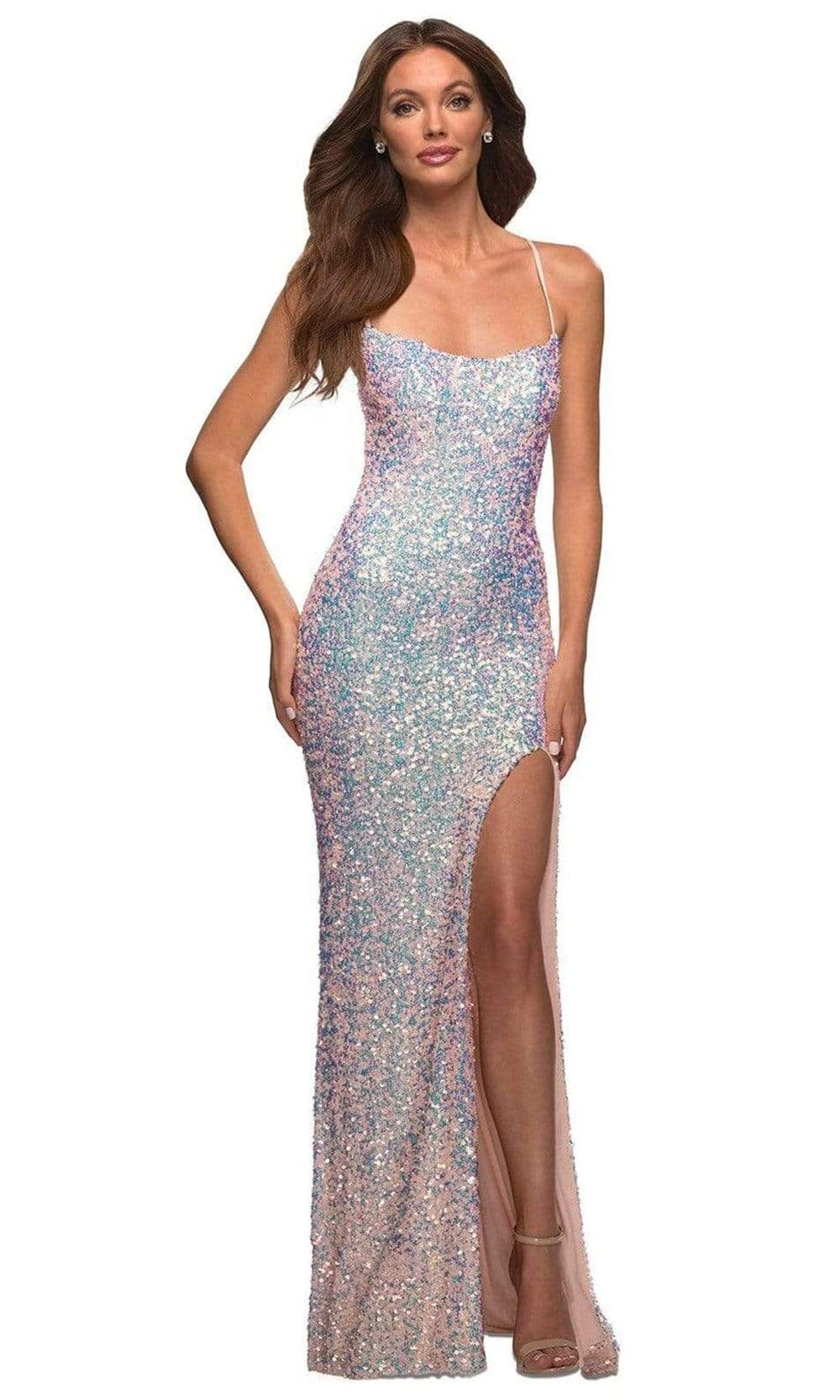La Femme - 30371 Multicolor Sequined Slit Dress Prom Dresses 00 / Pink