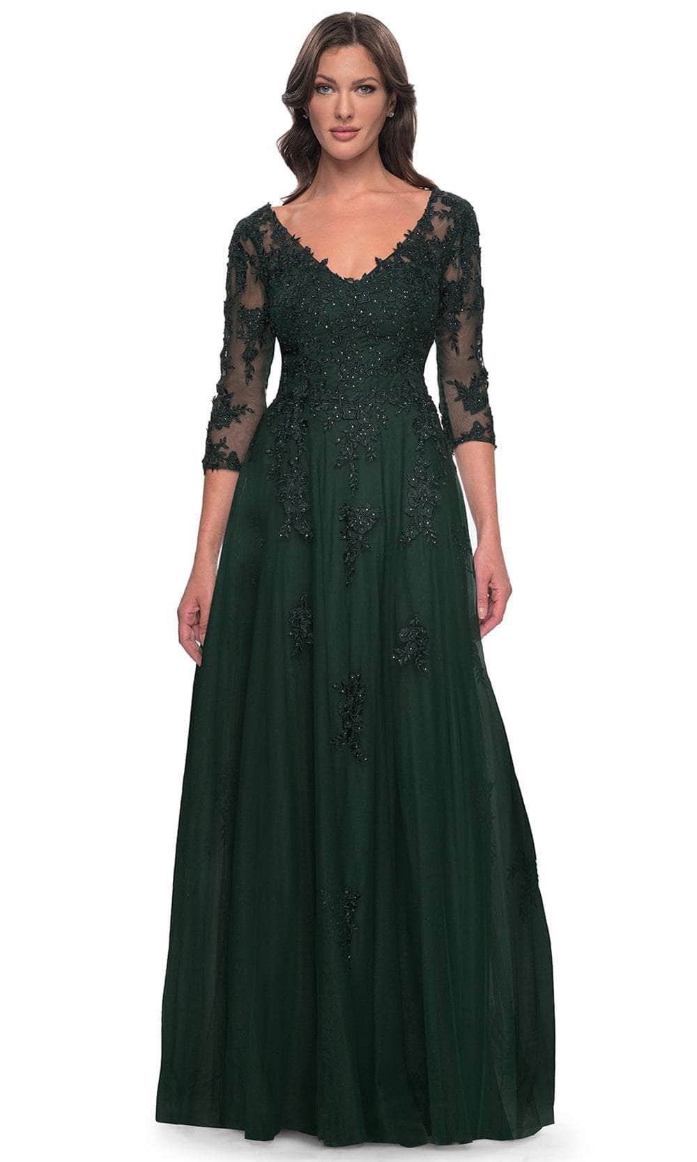 La Femme 30398 - V-Neck Lace Applique Evening Dress Mother of the Bride Dresses 4 / Dark Emerald