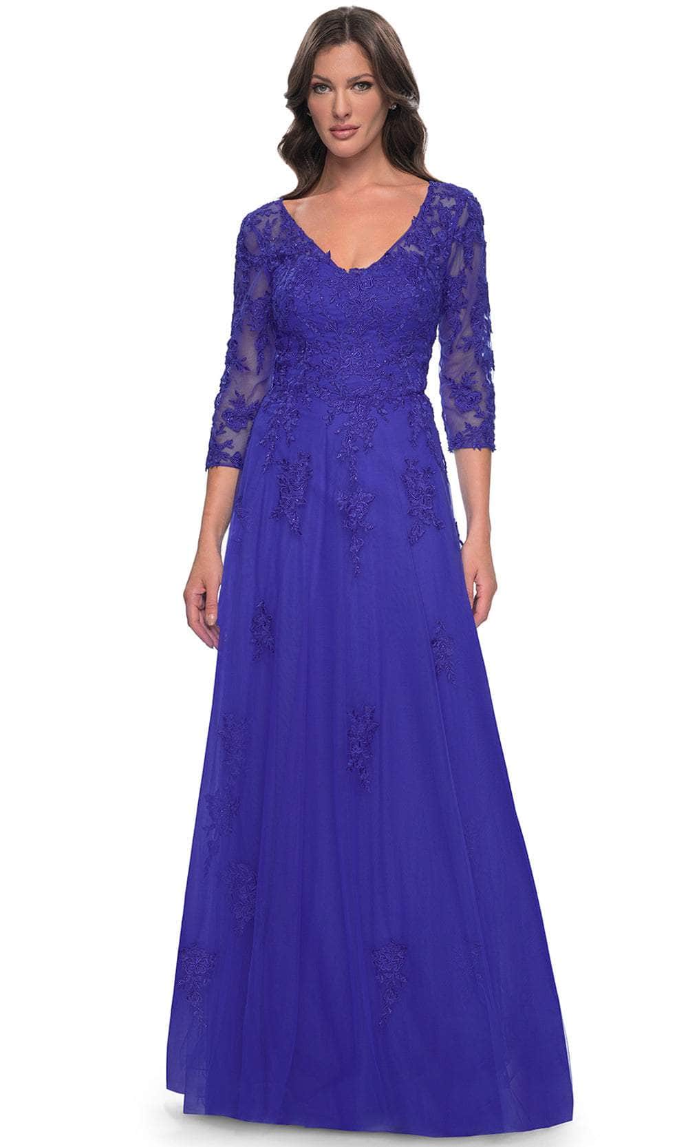 La Femme 30398 - V-Neck Lace Applique Evening Dress Mother of the Bride Dresses 4 / Royal Blue