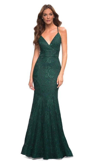 La Femme - 30442 Floral Lace Strappy Sheath Gown Special Occasion Dress 00 / Emerald