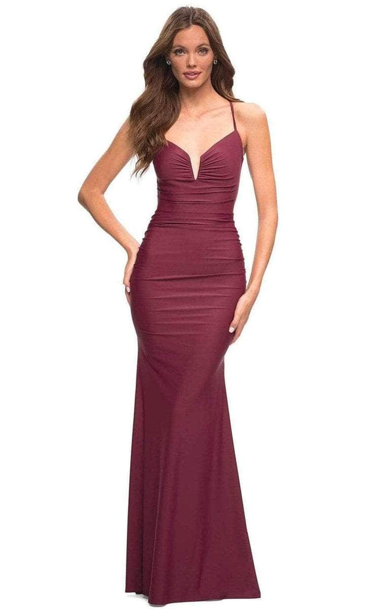 La Femme - 30484SC Sleeveless V-neck Long Dress - 1 pc Dark Berry in Size 2 Available CCSALE 2 / Dark Berry