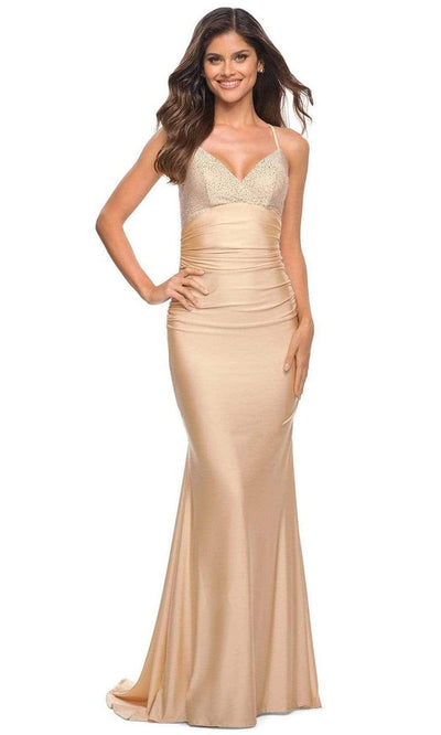 La Femme - 30503 V-Neck Ruched Trumpet Gown Prom Dresses 00 / Light Gold