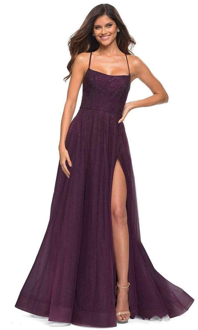 La Femme - 30581 Beaded Flowy A-line Gown Prom Dresses 00 / Dark Berry