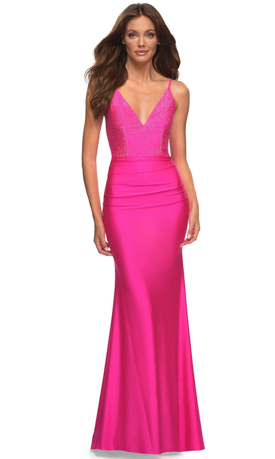 La Femme - 30601 Sleeveless Deep V-neck Evening Dress In Pink
