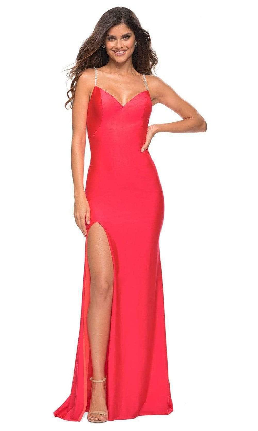 La Femme - 30602 V Neck Fitted High Slit Gown Prom Dresses