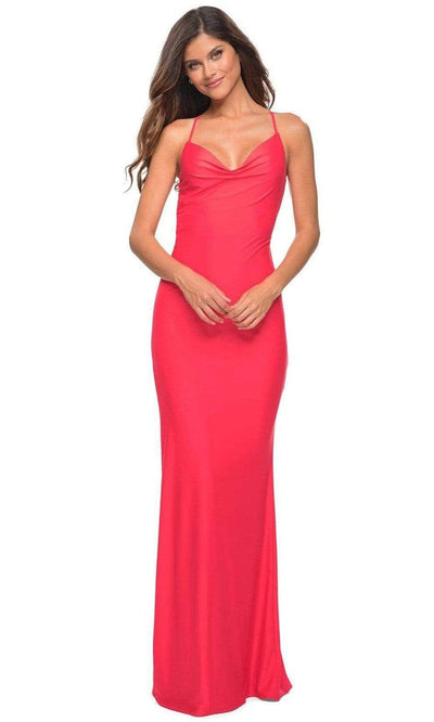 La Femme - 30603 Cowl Neck Fitted Minimalist Gown Prom Dresses 00 / Hot Coral