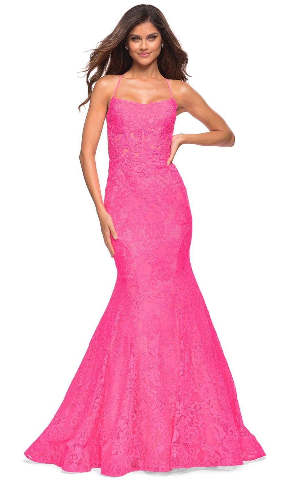 La Femme 30605 - Square Trumpet Evening Dress Special Occasion Dress 00 / Neon Pink