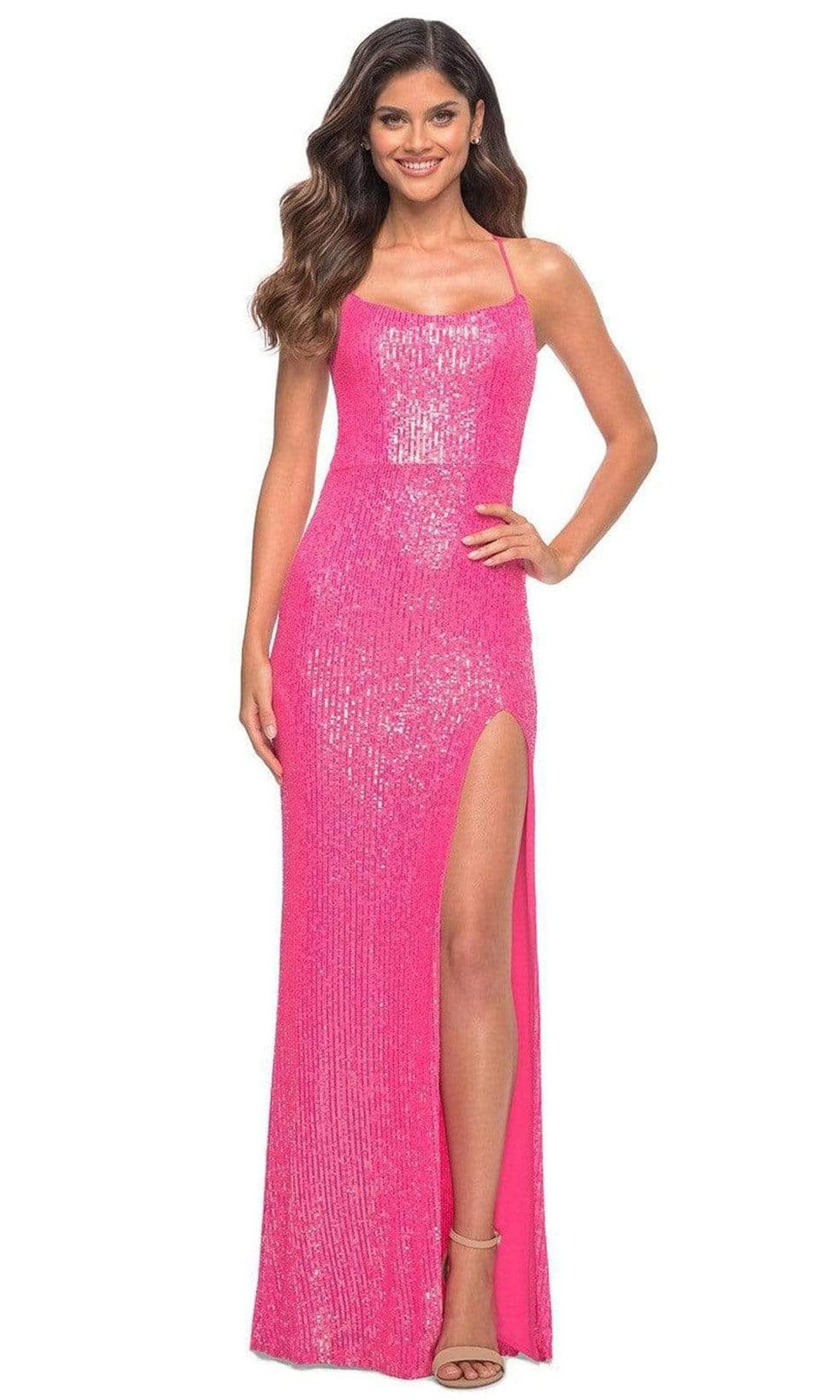 La Femme - 30615 Scoop Sequined High Slit Gown Prom Dresses 00 / Hot Pink